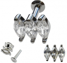 Пирсинг лабрет под серебро с тремя кристаллами 6мм ножка