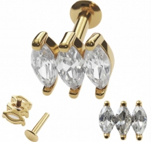 Пирсинг лабрет под золото с тремя кристаллами 6мм ножка