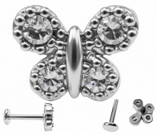 Пирсинг лабрет с камнями под серебро в виде бабочки 8мм ножка